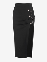 Safety Pin High Split Midi Skirt M Black