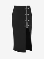 Safety Pins Decor Front Slit Midi Skirt L Black