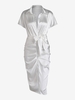 Satin Batwing Sleeve Ruched Belted Button Up Dress M White