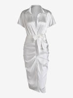 Satin Batwing Sleeve Ruched Belted Button Up Dress M White