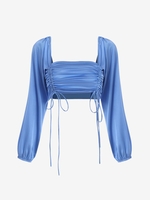 Satin Cinched Crop Blouse L Blue