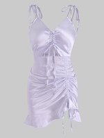 Satin Cinched Tie Strap Ruffle Slip Dress M Light purple
