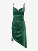 Satin Cowl Front Cinched Asymmetric Dress S Deep green