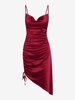 Satin Cowl Front Cinched Asymmetric Dress Xl Deep red