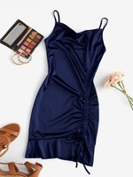 Satin Cowl Front Cinched Ruffle Hem Dress M Cadetblue