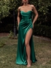 Satin Cowl Front Lace Up Slit Corset Dress S Deep green