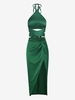Satin Criss Cross Crop Tank Top and Silky Twist Thigh High Slit Skirt Set Deep green