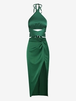 Satin Criss Cross Crop Tank Top and Silky Twist Thigh High Slit Skirt Set Deep green