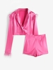 Satin Feather Decor Cropped Blazer and Zip Shorts Set L Light pink