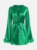 Satin Feather Trim Mini Wrap Dress S Green