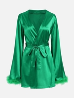 Satin Feather Trim Mini Wrap Dress S Green