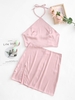 Satin Halter Tied Slit Two Piece Skirt Set M Light pink