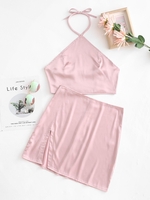 Satin Halter Tied Slit Two Piece Skirt Set M Light pink
