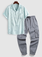 Satin Jacquard Pattern Shirt and Beam Feet Cargo Pants Set Gray