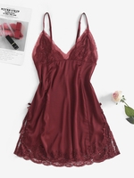 Satin Lace Panel Night Chemise S Deep red