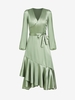 Satin Lantern Sleeve Flounce Hem Belted Dress M Green