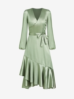 Satin Lantern Sleeve Flounce Hem Belted Dress S Green