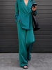 Satin Lapel Drop Shoulder Pocket Wide Leg Pants Set S Deep green