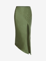 Satin Loop Button Slit Asymmetric Skirt M Green