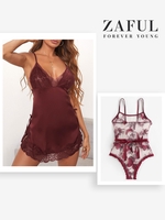 Satin Night Chemise and Applique Lace Belted Lingerie Teddy Set Deep red
