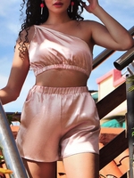 Satin One Shoulder Pocket Two Piece Shorts Set M Light pink
