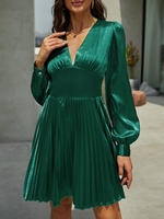 Satin Plunging Pleated Mini Dress S Deep green
