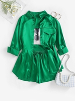 Satin Pocket Drop Shoulder Shirt and Drawstring Shorts Set L Green