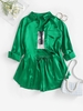 Satin Pocket Drop Shoulder Shirt and Drawstring Shorts Set S Green