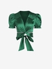 Satin Puff Sleeve Crop Wrap Blouse S Deep green