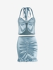 Satin Ruffle Ruched Halter Skirt Set S Light blue