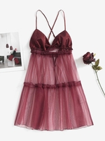 Satin Sheer Mesh Criss Cross Open Back Night Dress S Red