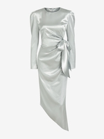 Satin Slit Bowknot Gigot Sleeve Asymmetric Dress S Light gray