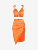 Satin Twisted Tie Shoulder Cinched Skirt Set M Orange