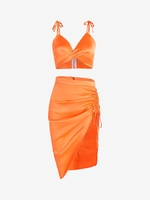 Satin Twisted Tie Shoulder Cinched Skirt Set M Orange