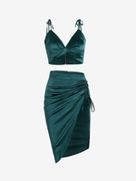 Satin Twisted Tie Shoulder Cinched Skirt Set S Green