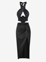 Satin Underboob Corset Top and Twist Slit Skirt Set Black