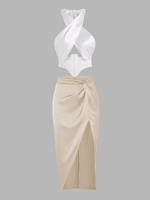 Satin Underboob Corset Top and Twist Slit Skirt Set White