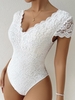 Scalloped Edge Lace Cap Sleeve Bodysuit S White