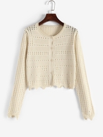 Scalloped Edge Open Pointelle Knit Button Up Cardigan Light coffee