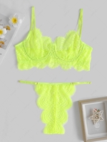 Scalloped Eyelash Lace Underwire Lingerie Set S Green