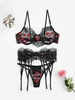 Scalloped Garter Belt Floral Embroidered Lingerie Set M Black