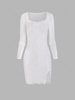 Scalloped Lace Trim Front Slit Mini Dress M White