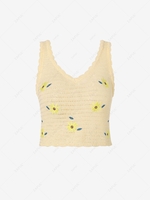 Scalloped Pointelle Knit Floral Embroidered Tank Top Light coffee