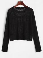 Scalloped Trim Openwork Crochet Sheer Knitwear Black