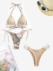 Scarf Print Halter Criss Cross Bikini Swimwear with Ribbed Caged Bikini Bottom Light coffee