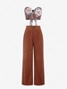 Scarf Print Tie Strapless Top and Corduroy Pleated Wide Leg Pants Outfit Coffee