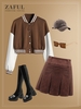 School Girl Outfits Fleece-lined PU Leather Sleeve Cropped Baseball Varsity Jacket With Corduroy Pleated Tennis Skirt Coffee