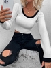 Scoop Neck Contrast Trim Cropped Sweater L White