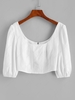 Scoop Neck Puff Sleeve Back Zip Crop Blouse S White