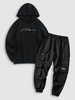 Script Graphic Embroidered Fleece-lined Hoodie and Cargo Jogger Techwear Pants Set Black